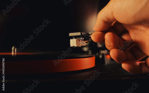 Foto Hand placing a stylus on a vinyl record under warm, cozy lighting, creating a nostalgic and vintage atmosphere perfect for music and lifestyle themes