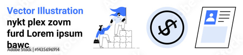 Professional scaling ladder, dollar sign for financial focus, personal profile for identity. Ideal for business development, career planning, finances, human resources, success, analytics simple