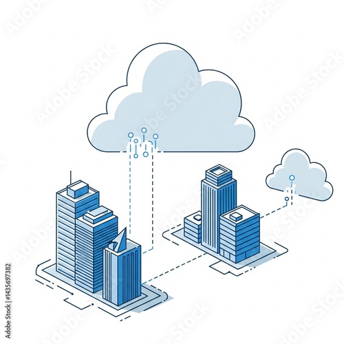 Modern Office Buildings Cloud Data Streams High-Tech Minimal Illustration