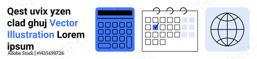 Calculator highlights analysis, calendar emphasizes scheduling with a checkmark, and globe suggests global access. Ideal for finance, scheduling, technology, education, productivity, worldwide