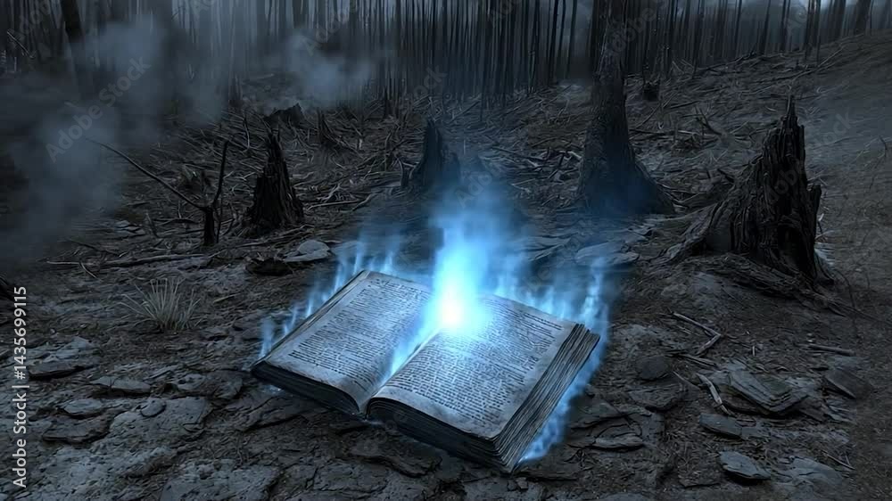Magic book glowing in burned forest