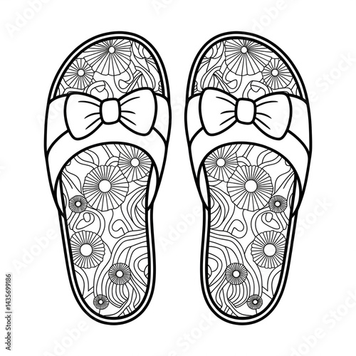 A black and white girl slippers illustration line art of a coloring page
