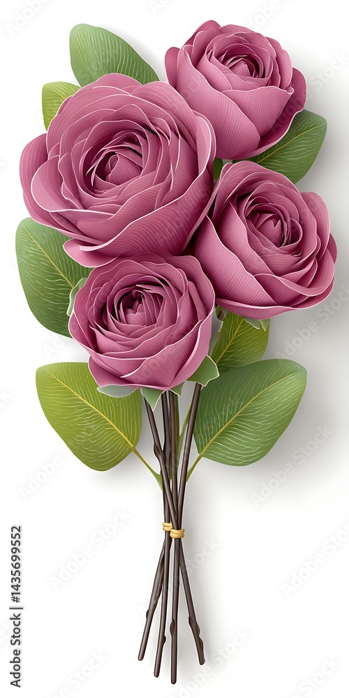 Naklejka premium A bouquet of four pink roses tied with a gold ribbon, against a white background