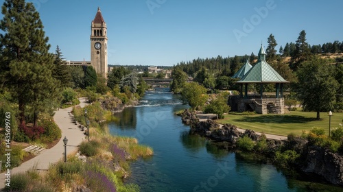 Summer Afternoon at Spokane Riverfront Park: Scenic View of Clock Tower and Pavilion in Washington's Northwest Landscape