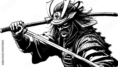 Black line vector of a samurai with a katana in a battle stance, transparent background