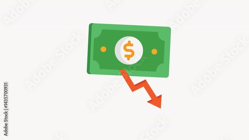 Green dollar bill with a downward arrow, symbolizing financial decline. Suitable for finance, economy, recession, and moneysaving concepts.
