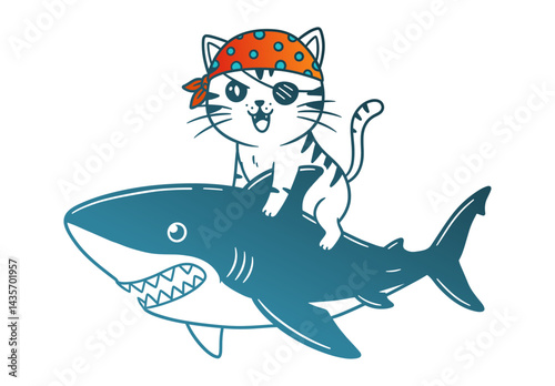 pirate cat riding a shark funny sketch