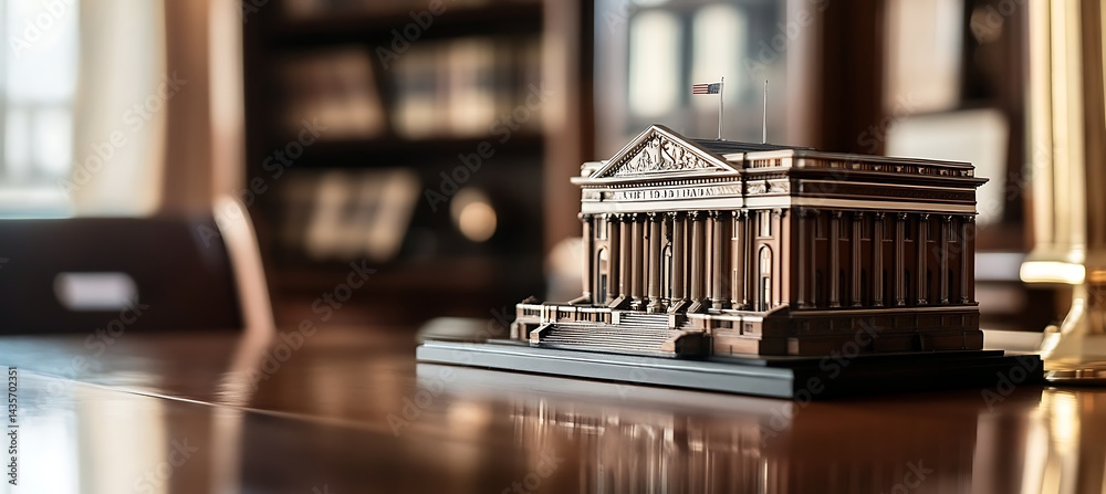 Obraz premium Central Library Building Miniature on an Executive Office Desk with Empty Branding Space for Professional Use Background.