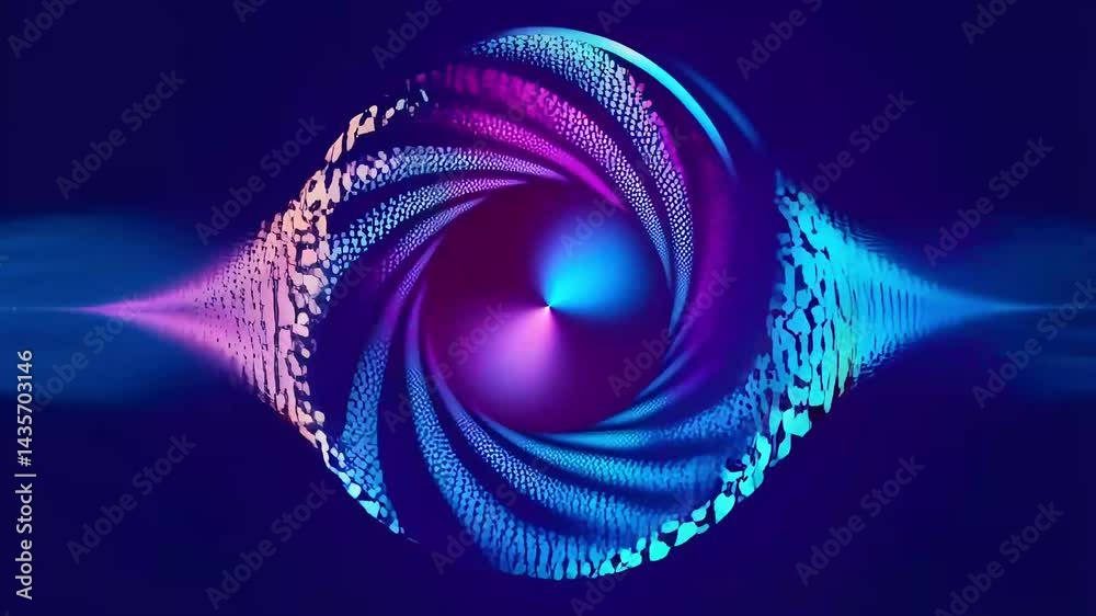 Neon pink and blue particle waves swirl into a central vortex, forming an eye-like aperture shape