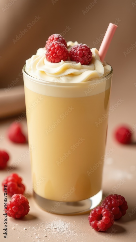 A vibrant mango smoothie topped with a raspberry, garnished with a pink straw, sits invitingly on a rustic wooden table A vibrant mango smoothie topped with a raspberry, garnished with a pink straw, sits invitingly on a rustic wooden table