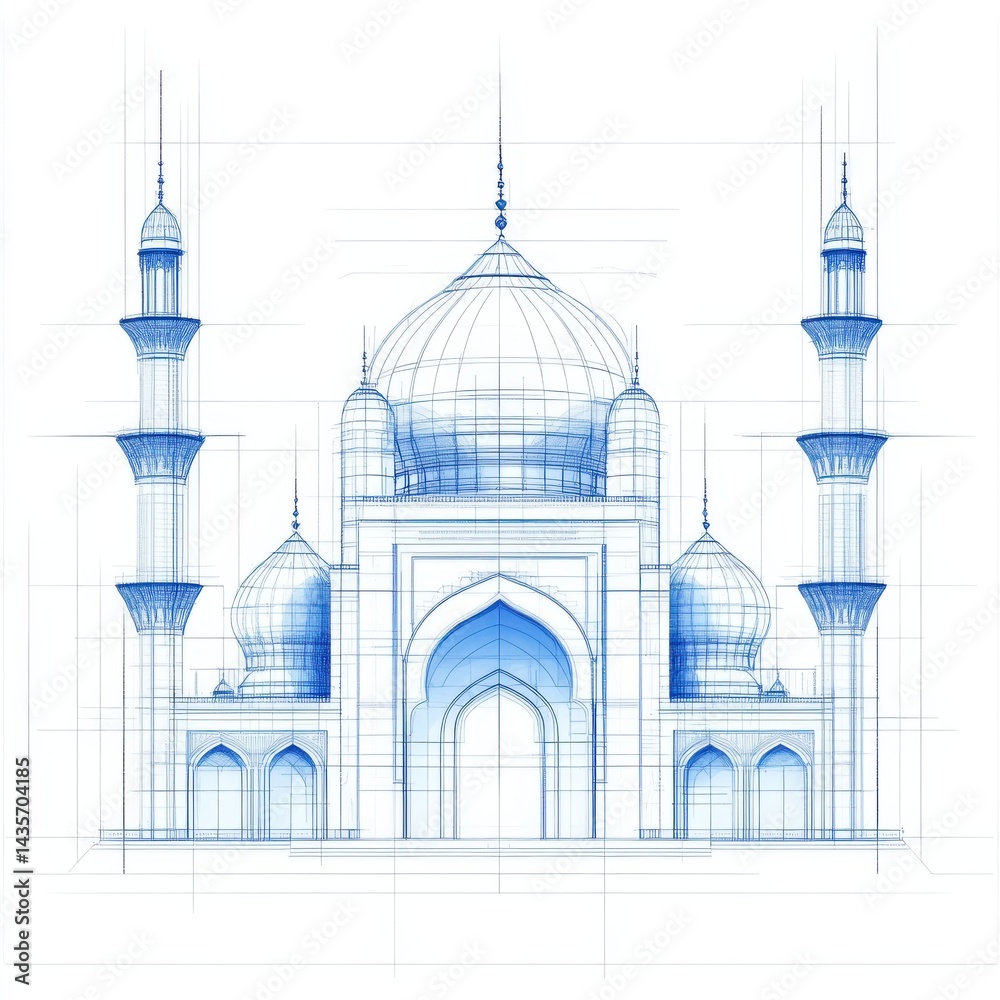 Obraz premium Architectural blueprint of a building with domes and minarets