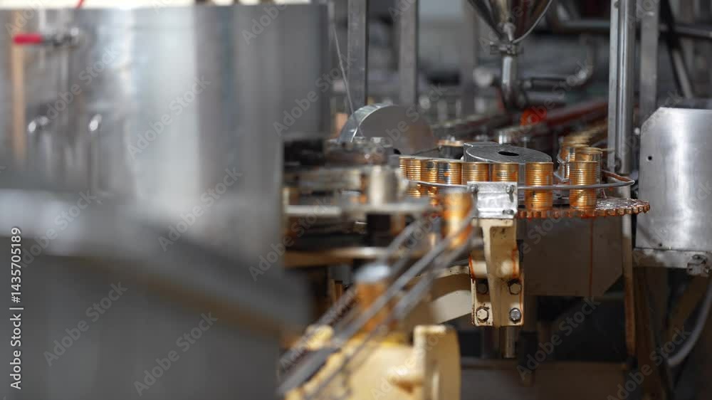 Tin can conveyor in the production line of the product in the factory using automatic machinery in the modern food production factory with production control in the production line. Tin can conveyor in the production line of the product in the factory using automatic machinery in the modern food production factory with production control in the production line.