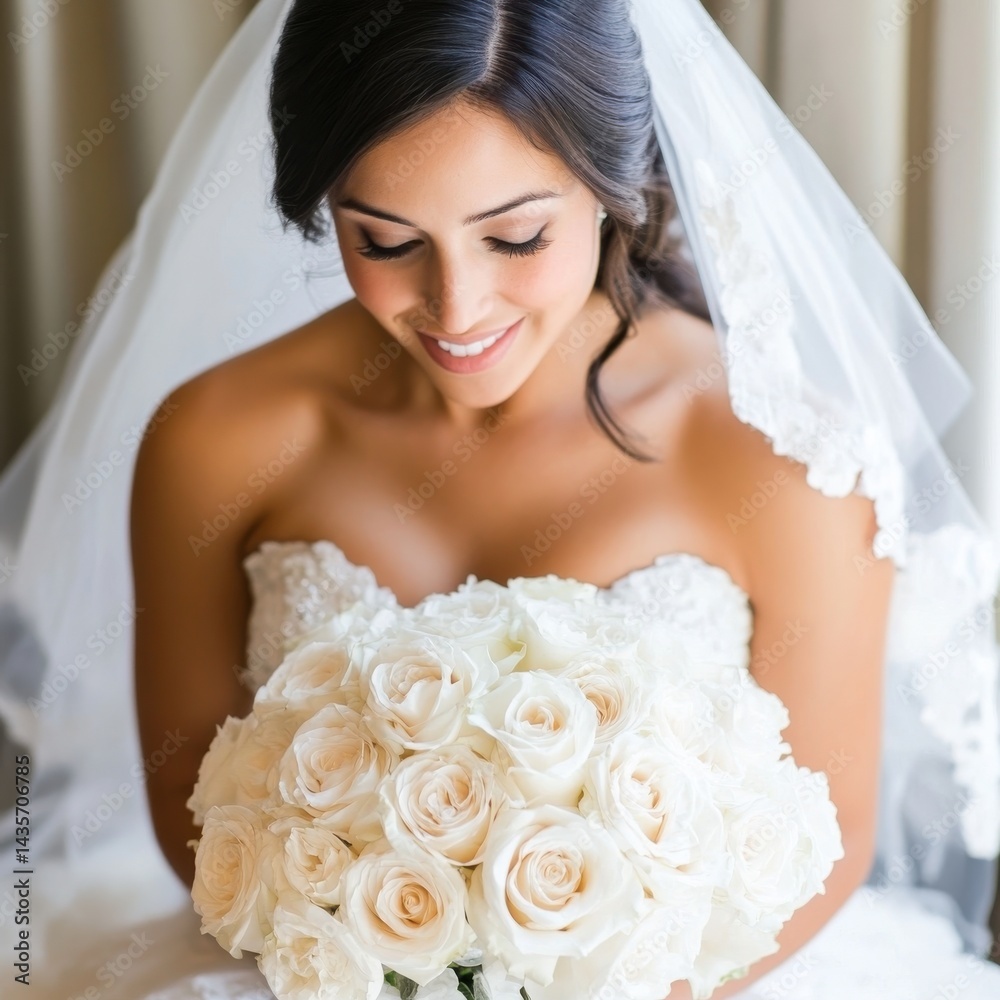 Naklejka premium A Bride's Joy: Beautiful woman holding a bouquet of white roses, dressed in an elegant wedding dress, smiling in anticipation.
