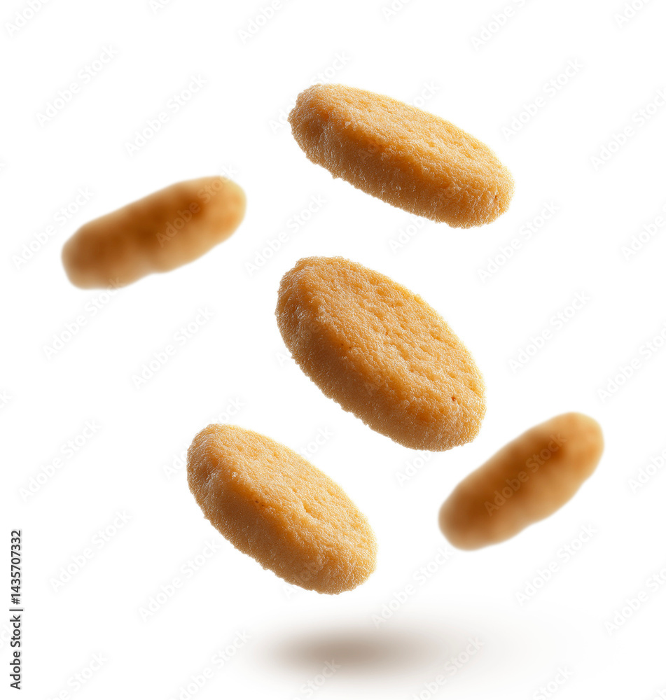 Obraz premium Flying chicken nuggets isolated on white background. Crispy golden brown chicken nuggets falling isolated. Fresh fried chicken nuggets floating.