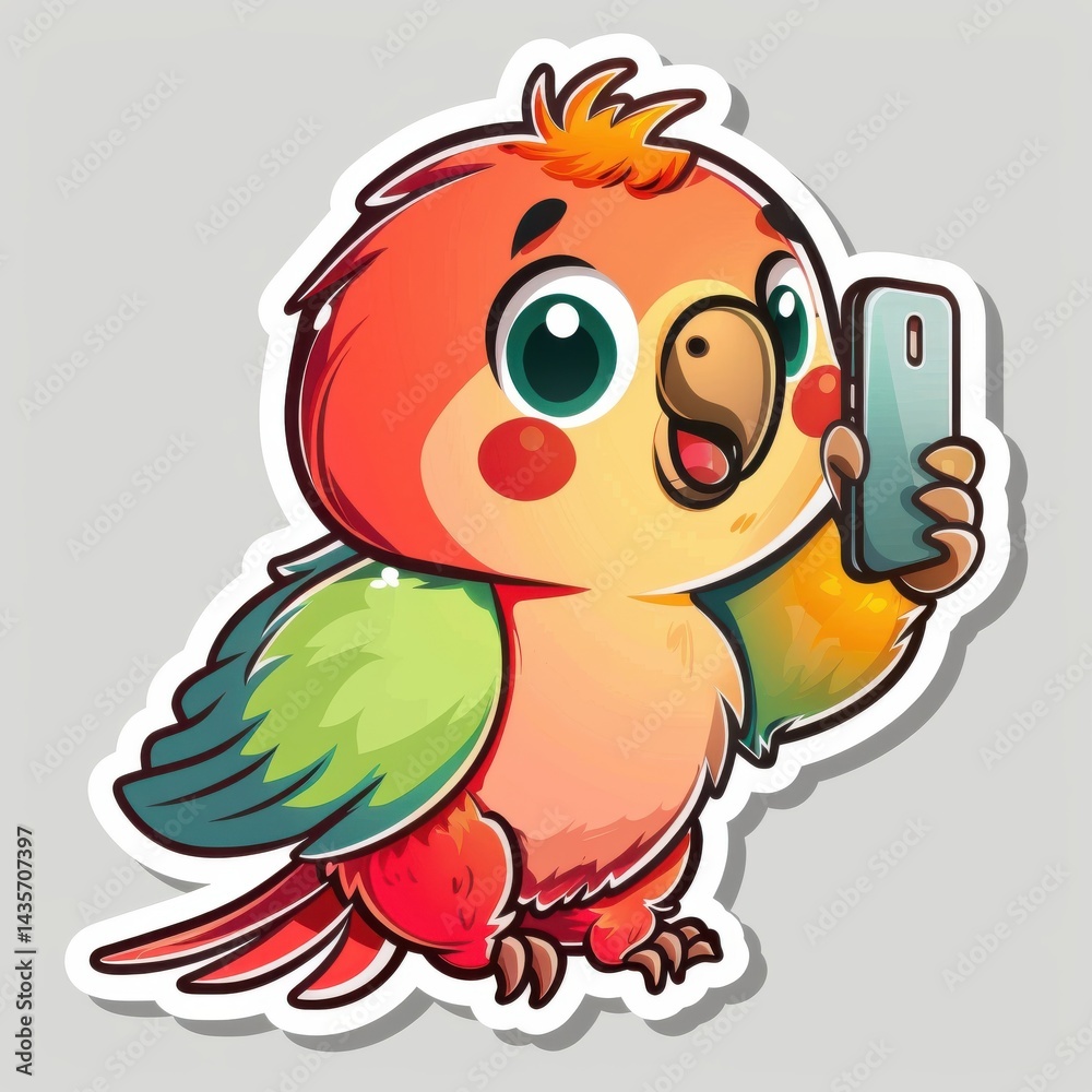 Fototapeta premium Colorful parrot captures a joyful selfie in a playful forest setting with vibrant foliage