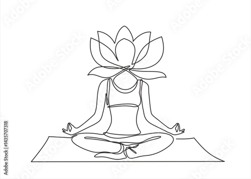 Woman sitting in lotus pose yoga. Continuous one line drawing. Vector illustration. Editable stroke.
