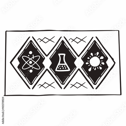 Hand-drawn science symbols illustration in black and white. Sketch of atom, flask, and sun science icons. Minimalist hand-drawn scientific elements illustration.