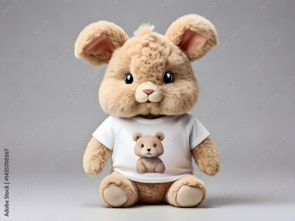Fototapeta premium A fluffy cartoon rabbit wearing a t-shirt with a bear print sits on a soft background.