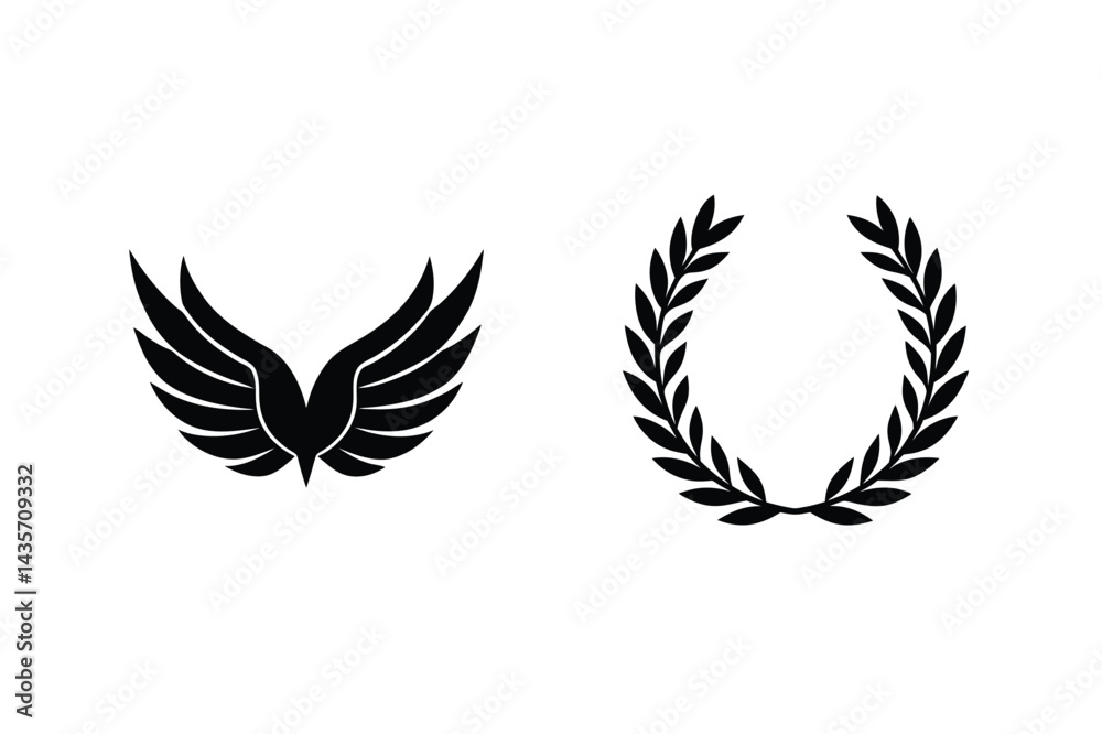 Winged Emblem And Laurel Wreath Black Vector Illustration For Logo Design