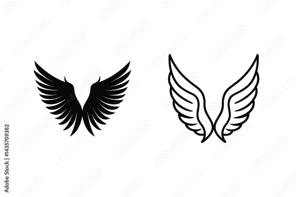 Fototapeta premium Two Wing Illustrations In Black Outline And Solid Fill On White Background