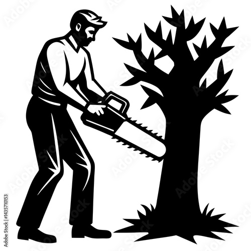 A black and white illustration of a man using a chainsaw to cut down a tree