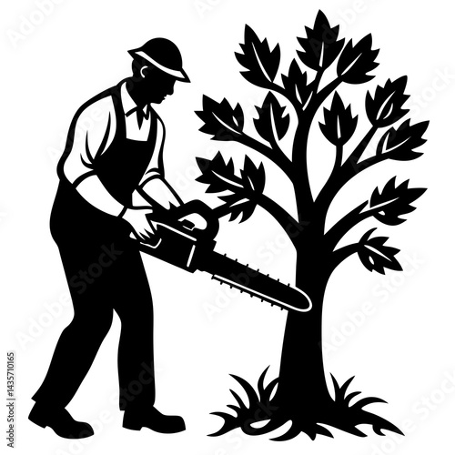 A black and white illustration of a man using a chainsaw to cut down a tree