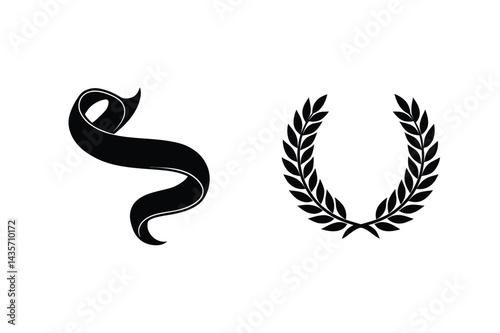 Black Silhouette Ribbon Banner And Laurel Wreath Design Element Illustration