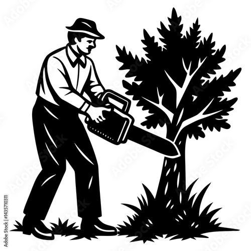 A black and white illustration of a man using a chainsaw to cut down a tree