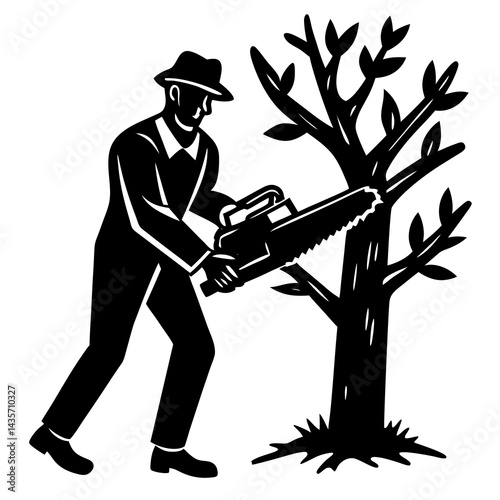 A black and white illustration of a man using a chainsaw to cut down a tree