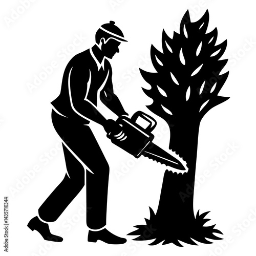 A black and white illustration of a man using a chainsaw to cut down a tree