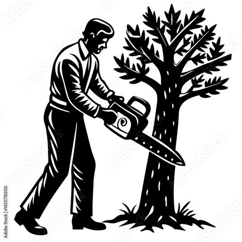 A black and white illustration of a man using a chainsaw to cut down a tree
