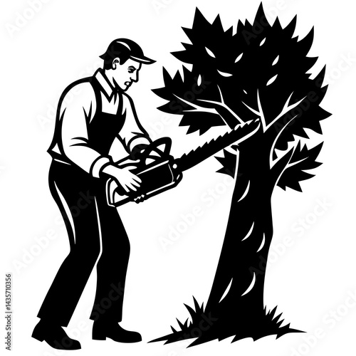 A black and white illustration of a man using a chainsaw to cut down a tree