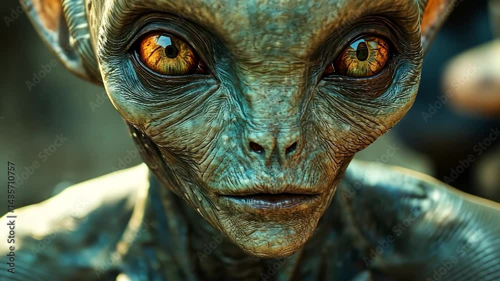 Close-up of an alien face with wrinkles and large eyes. Close-up of an alien face with wrinkles and large eyes.