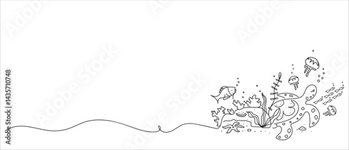 Abstract underwater world drawn with one line. Marine sketch. Cute vector illustration on the theme of Oceania, travel, vacation, diving.