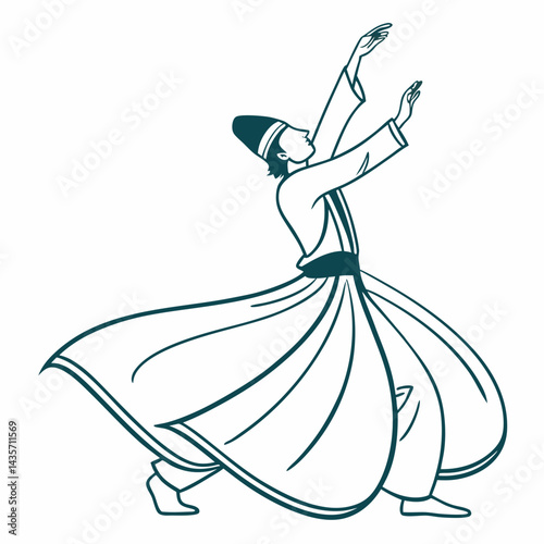 Hand-drawn whirling dervish dance illustration in minimalist style. Sufi dancer performing whirling ritual in line art style. Minimalist sketch of spiritual Sufi dance movement.