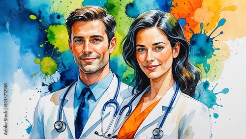 Abstract watercolor painting of a male and female doctor with stethoscopes, surrounded by vibrant splashes of colors in blue, green, and orange. Their faces are friendly and confident, standing agains