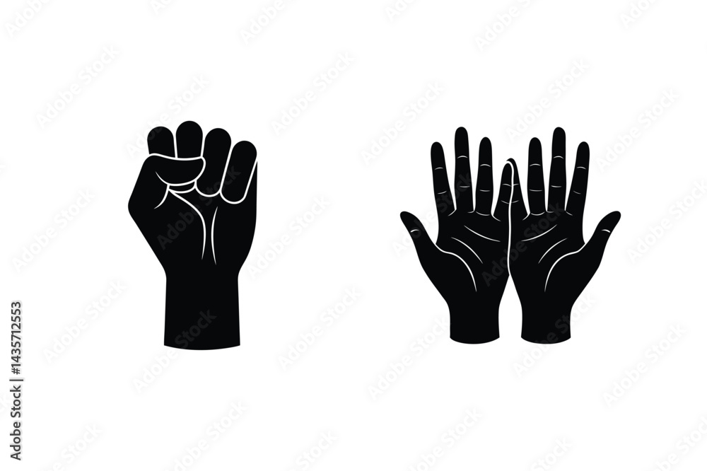 Obraz premium Black Hand Gestures Clenched Fist And Open Palm Vector Illustration Silhouette