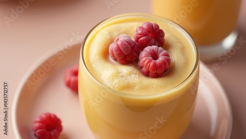 A creamy yellow smoothie in a glass garnished with fresh raspberries and surrounded by berries on a wooden board, offering a vibrant and delicious presentation