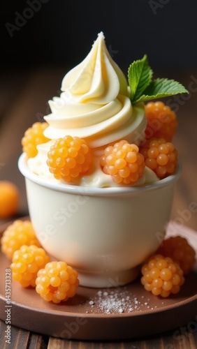 Delicious vanilla soft serve topped with golden raspberries and a fresh mint leaf sits in a white cup against a dark wooden background