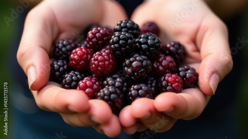 Hands gently cradle ripe blackberries and raspberries, showcasing their vibrant colors and fresh texture