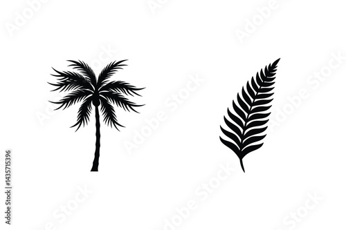 Black Palm Tree And Fern Leaf Silhouette Vector Elements On White Background
