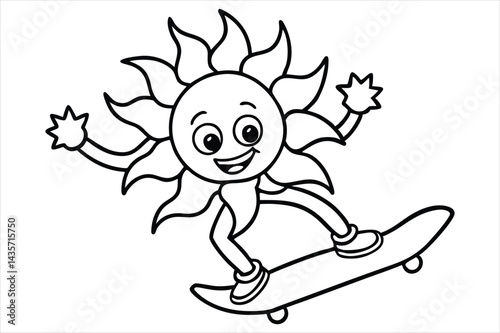 Funny sun riding a skateboard with wavy lines and flower trails