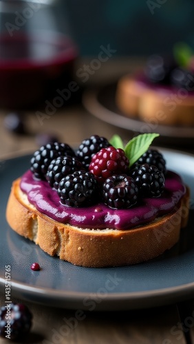 A plate features a slice of toast topped with creamy pink yogurt and fresh blueberries, surrounded by vibrant berry sauce