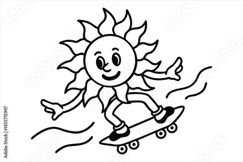 Funny sun riding a skateboard with wavy lines and flower trails