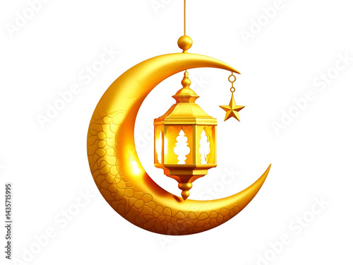 PNG Golden Ramadan lantern hanging on gold moon. cut out, transparent
