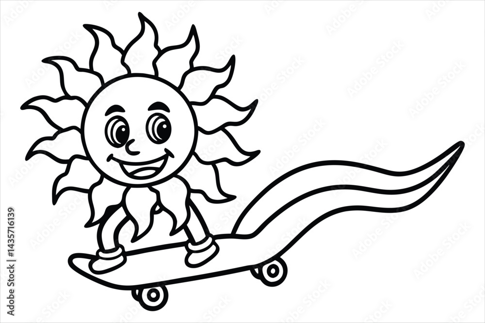 Fototapeta premium Funny sun riding a skateboard with wavy lines and flower trails