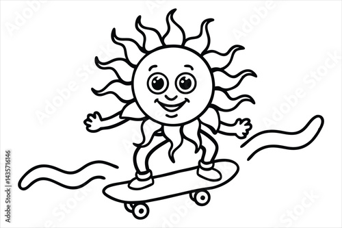 Funny sun riding a skateboard with wavy lines and flower trails