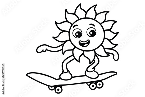 Funny sun riding a skateboard with wavy lines and flower trails