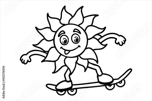 Funny sun riding a skateboard with wavy lines and flower trails