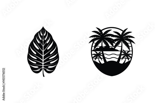 Black Silhouette Of Monstera Leaf And Tropical Beach View With Palm Trees